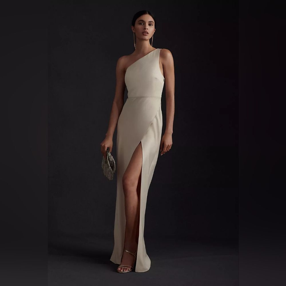 Anthropologie BHLDN Dylan One Shoulder Satin Side Slit Beige/Tan Dress Sz S